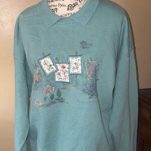 Vintage 90s Embroidery Long Sleeve Women’s Sweatshirt ‎ Size M Teal